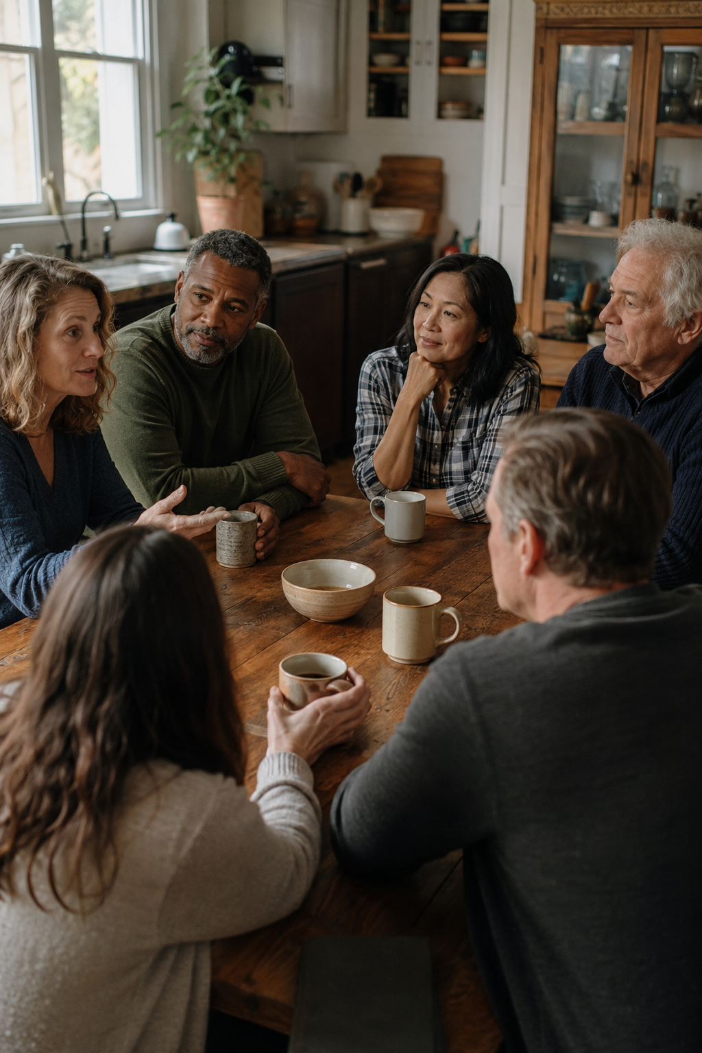 A varied group of adults listening to one another around a kitchen table